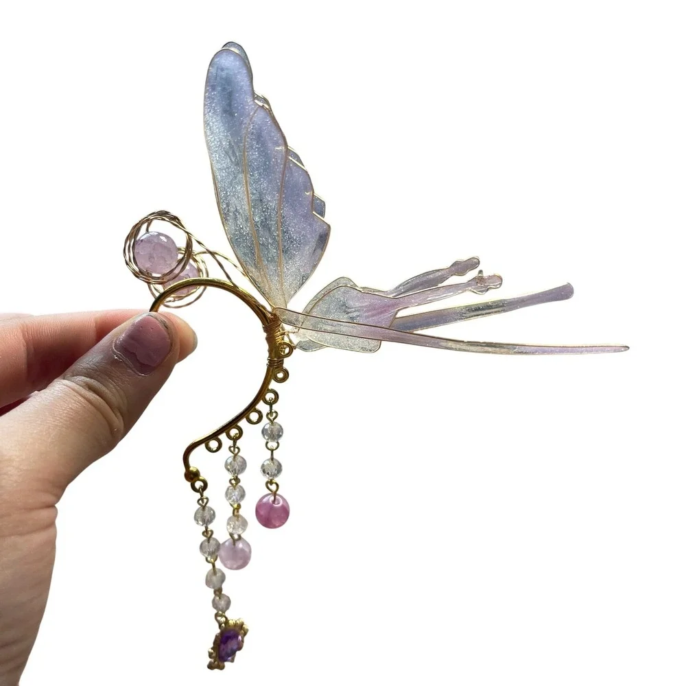 Purple‎ Iridescent Fairy Wing Ear Cuff Gold Tone Dangle Crystal Fantasy Wrap